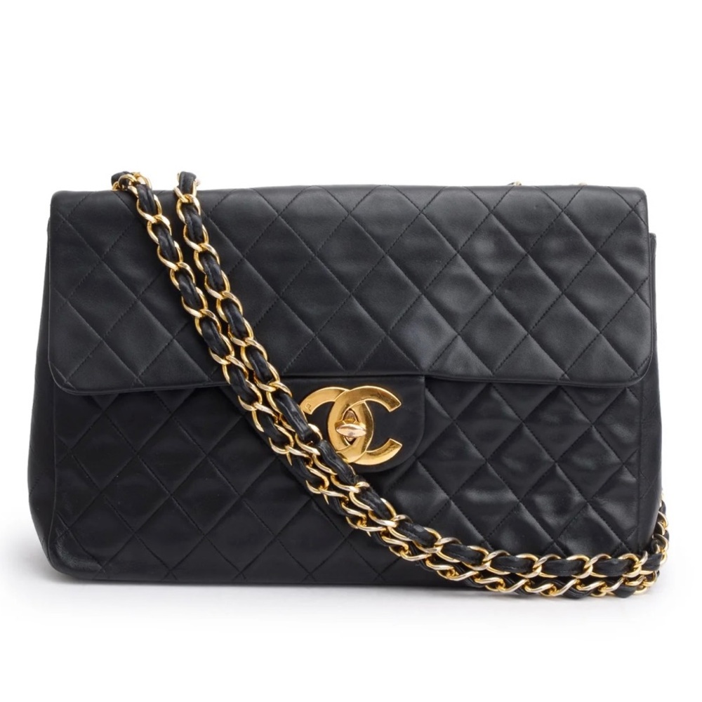 CHANEL Black Lambskin Leather Vintage Jumbo XL Single Flap Bag 24K GHW